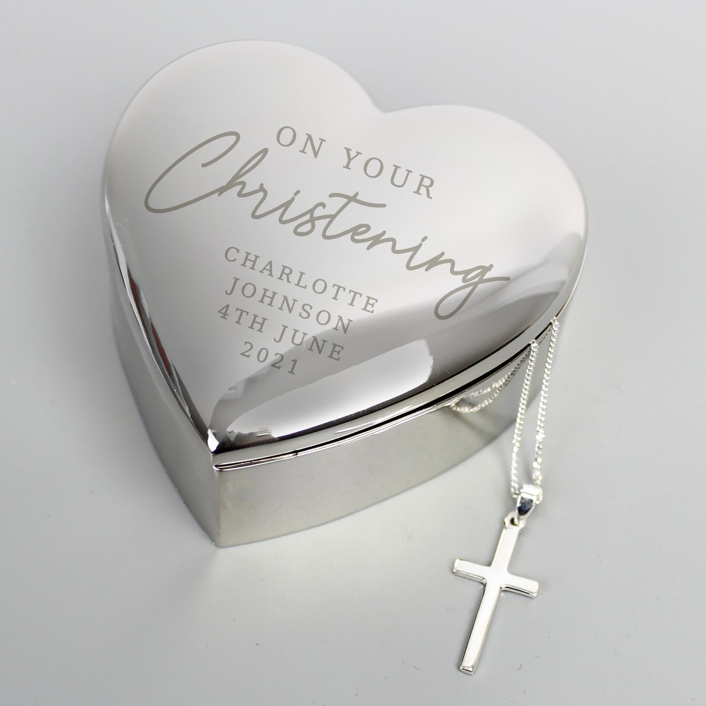 Christening Heart Trinket Box & Cross Necklace Set