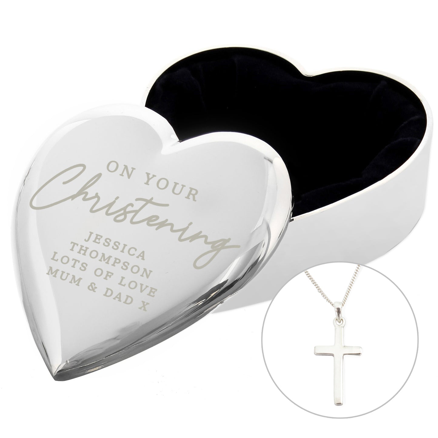 Christening Heart Trinket Box & Cross Necklace Set