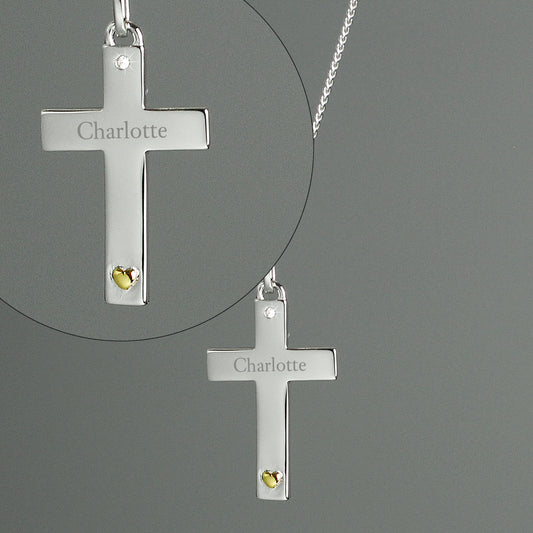 Sterling Silver Cross with 9ct Gold Heart & CZ Necklace