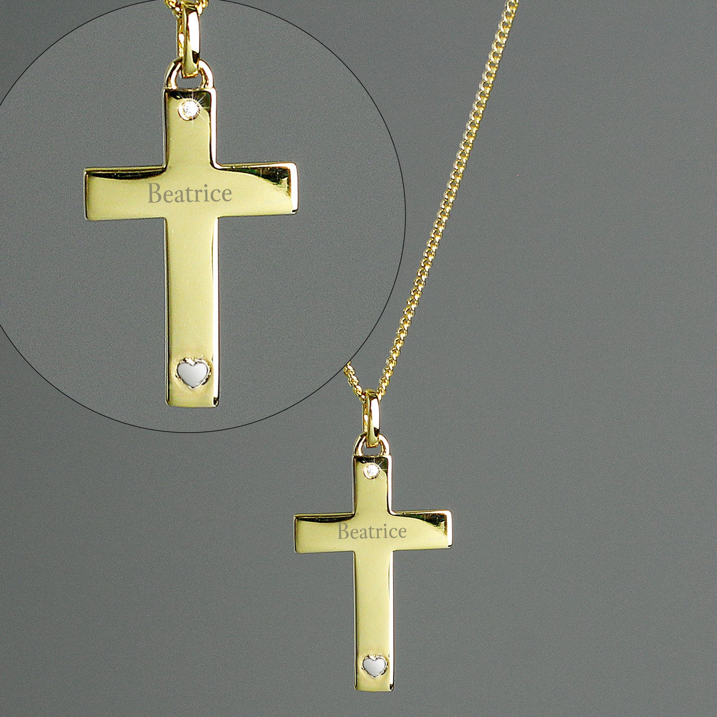 9ct Gold Cross with Sterling Silver Heart & CZ Necklace