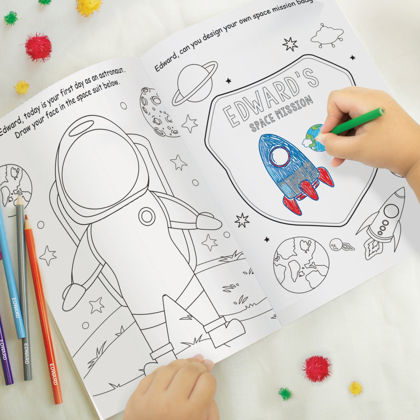 Personalised Space Colouring Book with Pencil Crayons