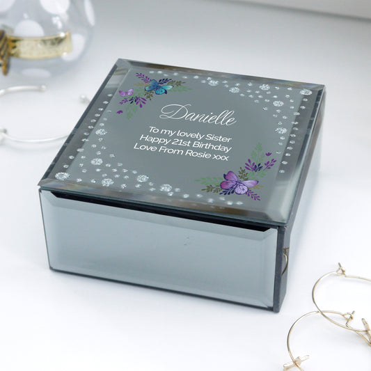 Floral Butterfly Diamante Glass Trinket Box