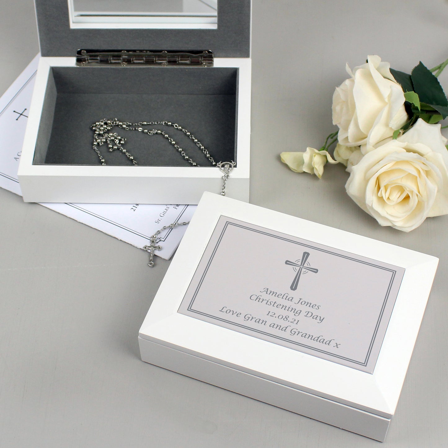 Silver Cross White Wooden Keepsake Box