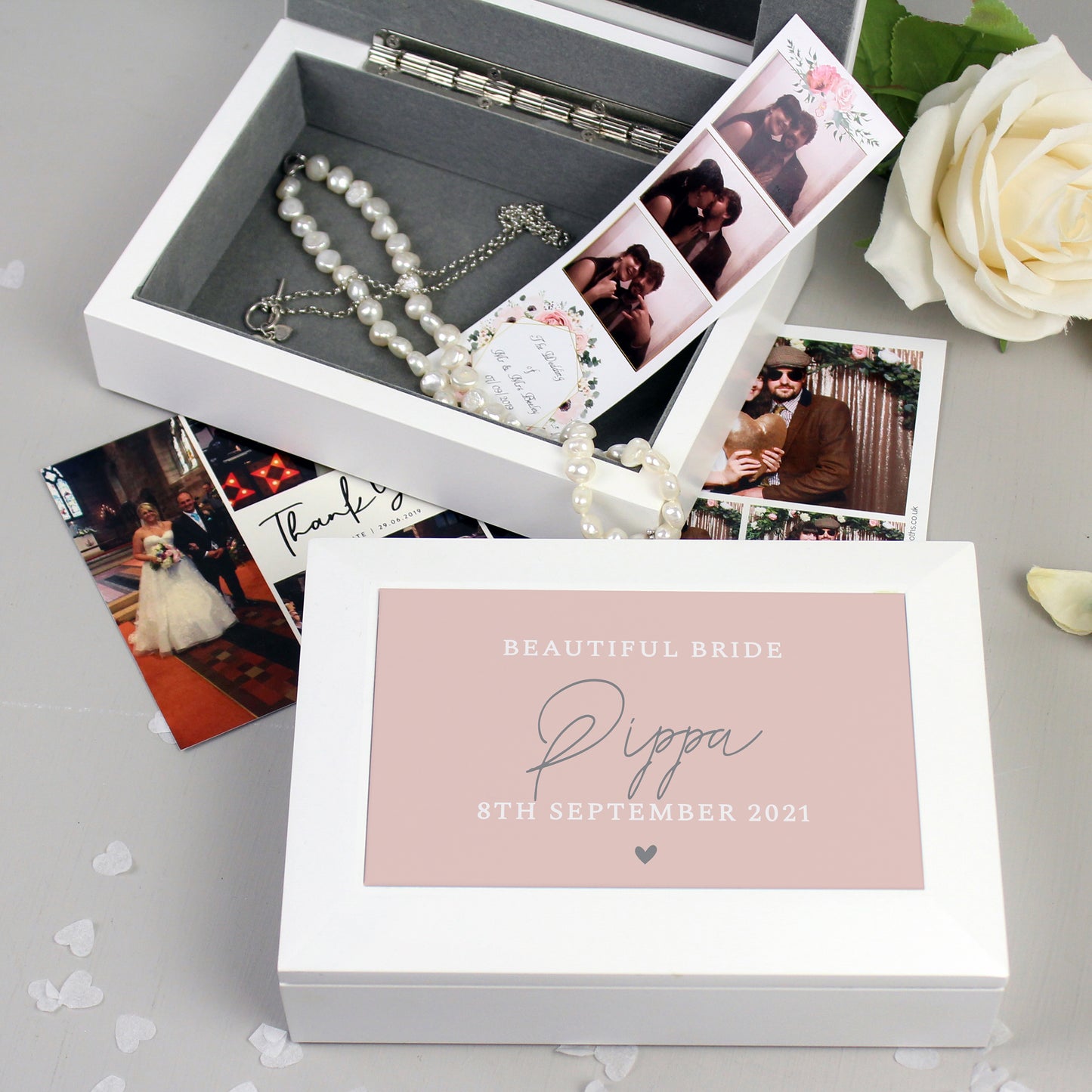 White Rose Pink Text Jewellery Box