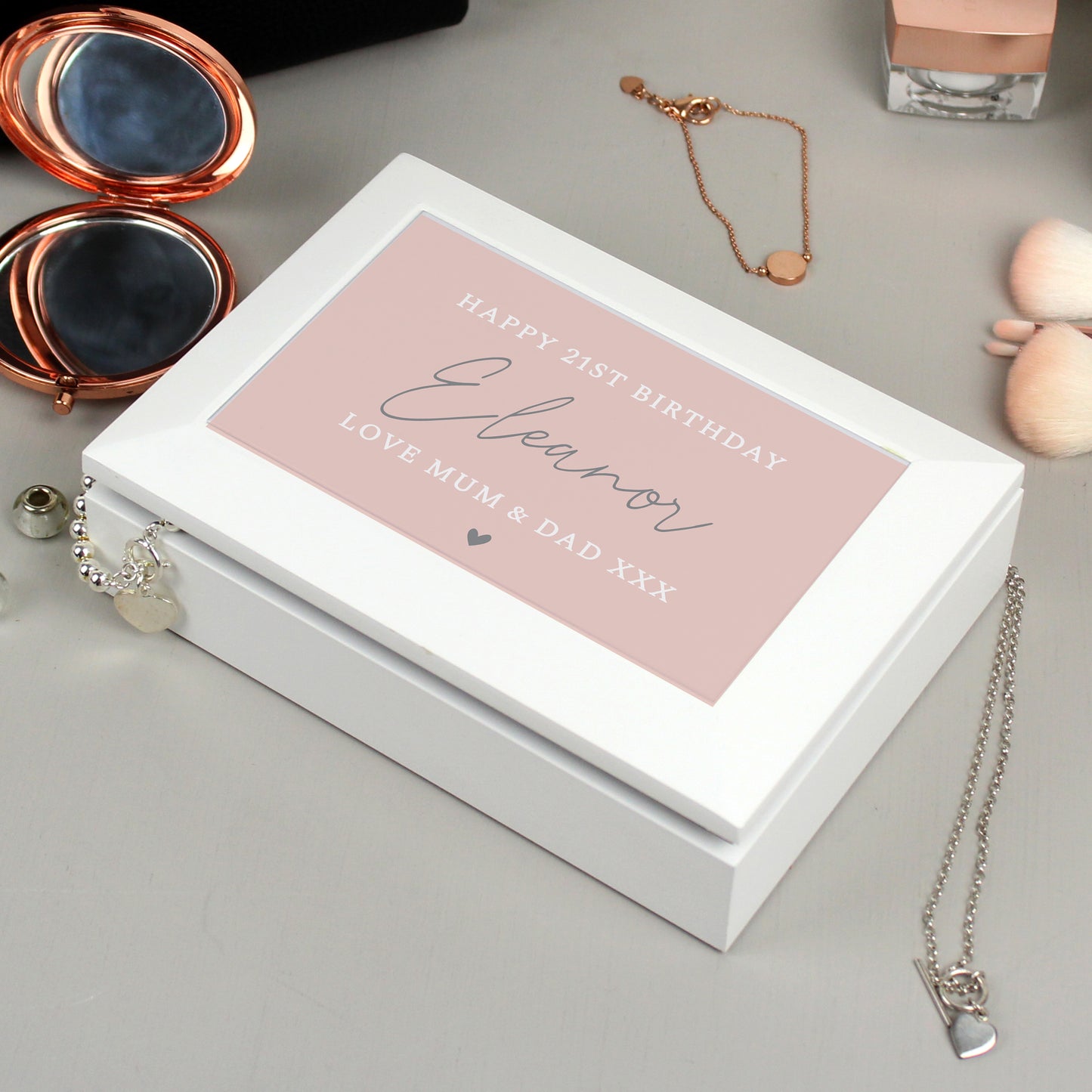 White Rose Pink Text Jewellery Box